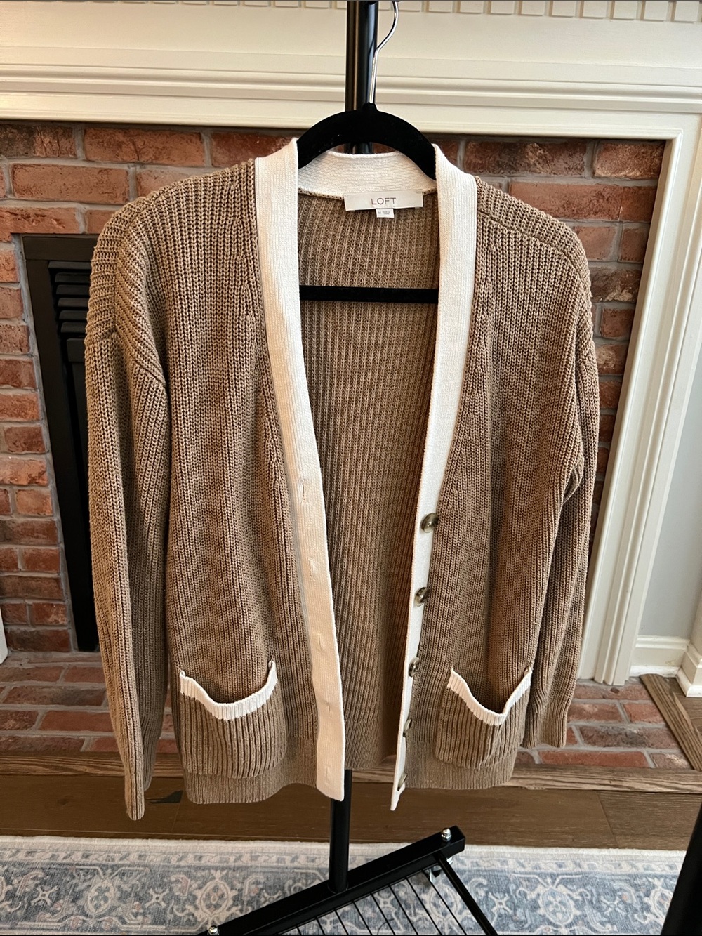 LOFT Taupe Cardigan with Cream Trim